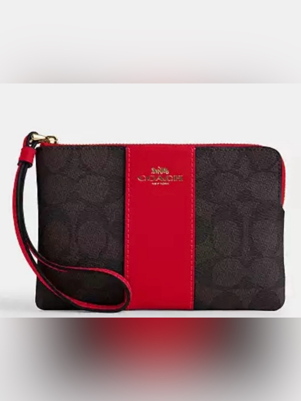 Coach Corner Zip Wristlet Signature Canvas Clutch in Brown and Red. NWT
